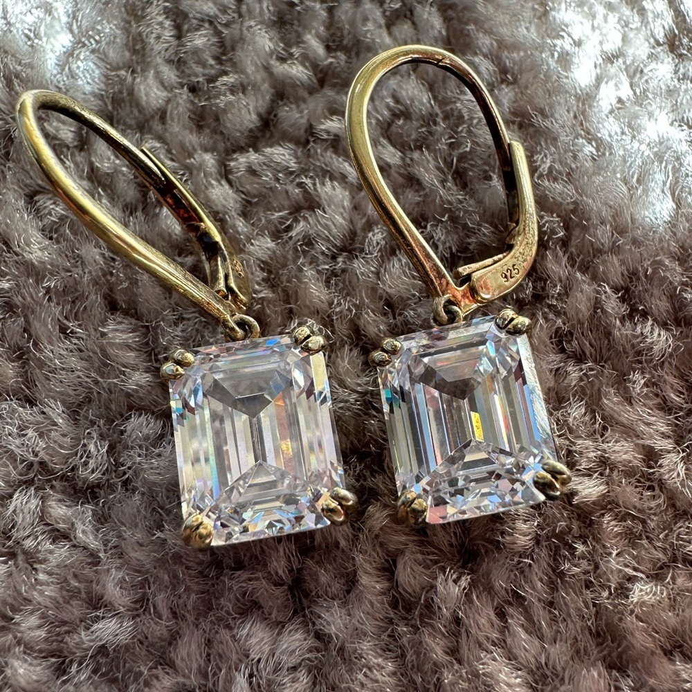 Elegant Emerald Cut (cz) Gold Plated Dangle Earrings